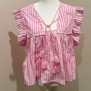 Mille Pink Stripe Tassel Tie Ruffle Sleeve Blouse